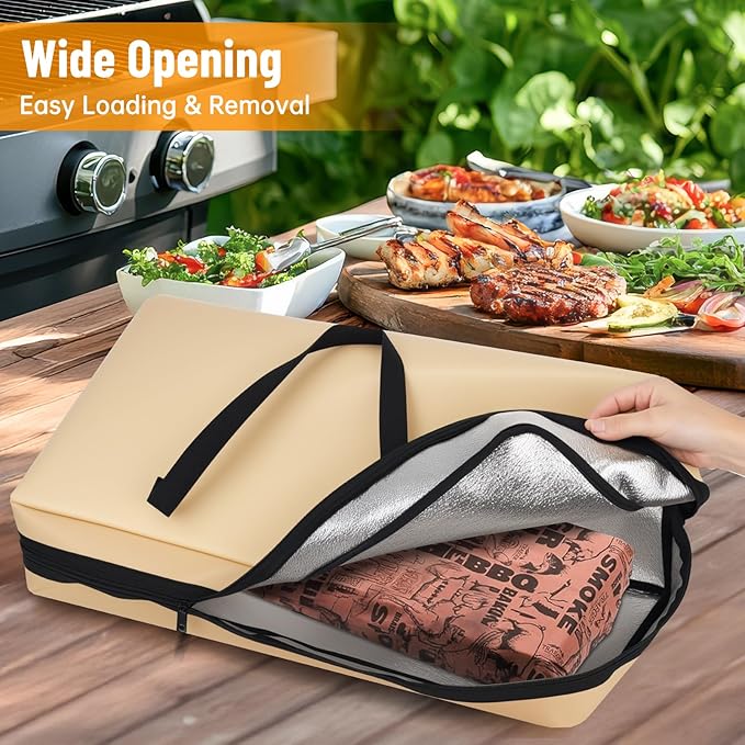 NiHome Folding Travel BBQ Meat Resting Bag for Brisket Turkey Ribs, 5-Layer Insulated Smoker Bag with Heat Retention for Camping Tailgating Catering, Waterproof Oil-Resistant Leakproof Zippers (Beige)