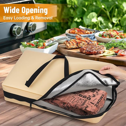 NiHome Folding Travel BBQ Meat Resting Bag for Brisket Turkey Ribs, 5-Layer Insulated Smoker Bag with Heat Retention for Camping Tailgating Catering, Waterproof Oil-Resistant Leakproof Zippers (Beige)