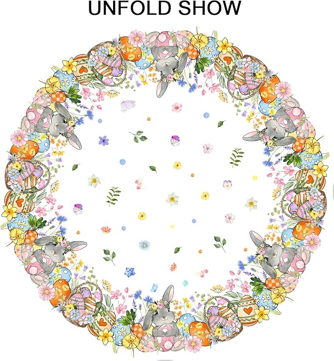 Sweetshow Easter Bunny Eggs Table Cloth Round Colorful Flower Leaves Tablecloth 70 Inch Decor Washable Stain and Wrinkle Spring Floral Round Table Cover for Dining Picnic