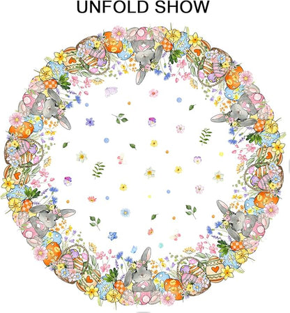 Sweetshow Easter Bunny Eggs Table Cloth Round Colorful Flower Leaves Tablecloth 70 Inch Decor Washable Stain and Wrinkle Spring Floral Round Table Cover for Dining Picnic