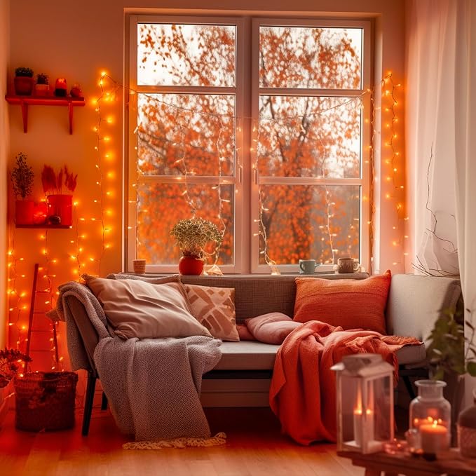 JMEXSUSS 200 LED Orange Halloween String Lights Outdoor Indoor Plug in | Connectable Orange Christmas Lights Clear Wire, Fall Light for Fireplace Tree Garden Patio Thanksgiving Fall Halloween Decor