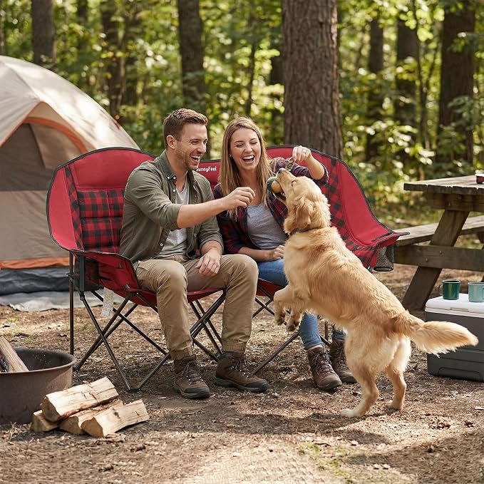 SUNNYFEEL Double Camping Chair Oversized Loveseat for Adults | 600LBS Heavy Duty Padded Camping Couch with Cup Holder, Storage Pockets & Carry Bag for Patio RV/ Lawn/ Backyard
