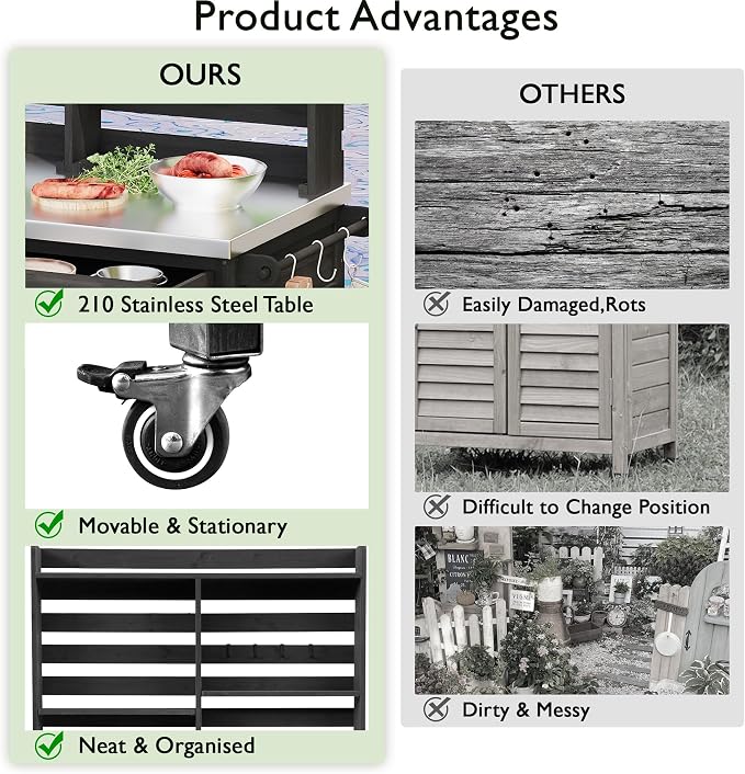 65 Inch Outdoor Potting Bench with Stainless Steel Top, Black | Black fir wood, stainless steel top, garden or patio, upper hutch, 2 drawers, towel rack, lockable wheels, 52 in L