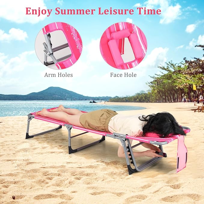 Goplus Tanning Chair, Folding Adjustable Patio Lounge Chair with Face Hole, Removable Pillow, 330LBS, Carry Strap, Outdoor Sunbathing Chair, Lightweight Portable Beach Lounge Chair