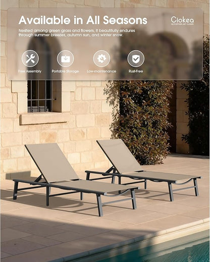 Ciokea Foldable Outdoor Lounge Chair, No Assembly Patio Chaise Lounge Outdoor with 5-Positions, Aluminum Pool Lounge Chair with Portable Design for Pool, Beach, Deck, Backyard, Khaki