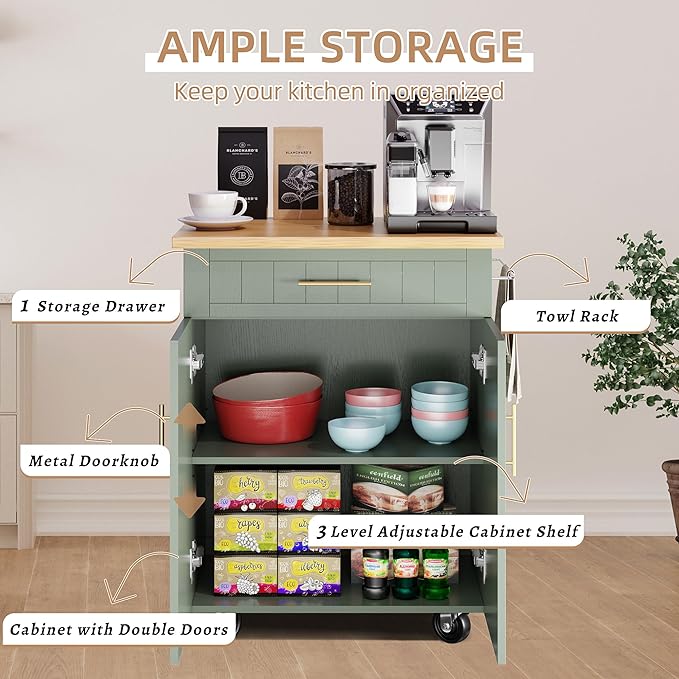 Shintenchi Kitchen Island cart with Storage, Portable Bar Cabinet on Wheels, Rolling Microwave Cart Side Table with Workstation for Kitchen, Dinning Room, Green