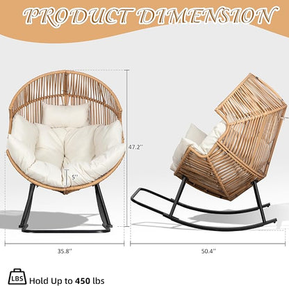 Shintenchi Egg Chair Outdoor, Oversized Outdoor Indoor Wicker Rocking Chair, Large PE Rattan Egg Rocking Chair with Cushion for Patio, Balcony, Backyard, Garden, Beige