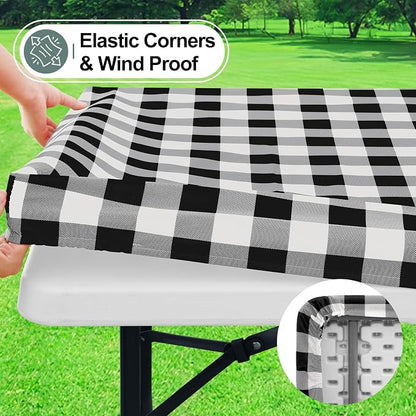 Buffalo Rectangle Picnic Tablecloth, 5 Foot Elastic Fitted Vinyl Table Cloth with Flannel Backing, Waterproof Plaid Table Covers for Dining, Camping, Outdoor (Black and White, 36" x 60")