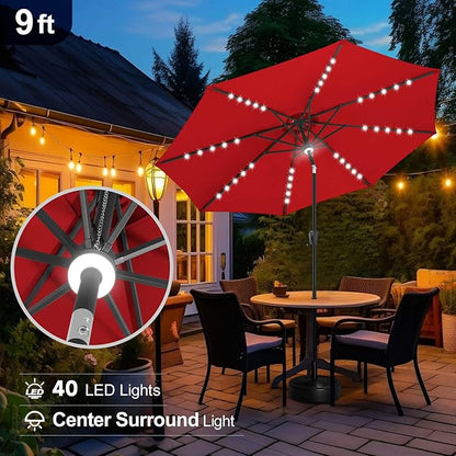 FLAME&SHADE Solar Patio Umbrella with a Centre Light, 9 FT Red | 40 LED Lights, UV Protection, Waterproof, Porch Deck Outdoor Umbrella for Pool, Backyard, Garden, Provides Evening Lighting