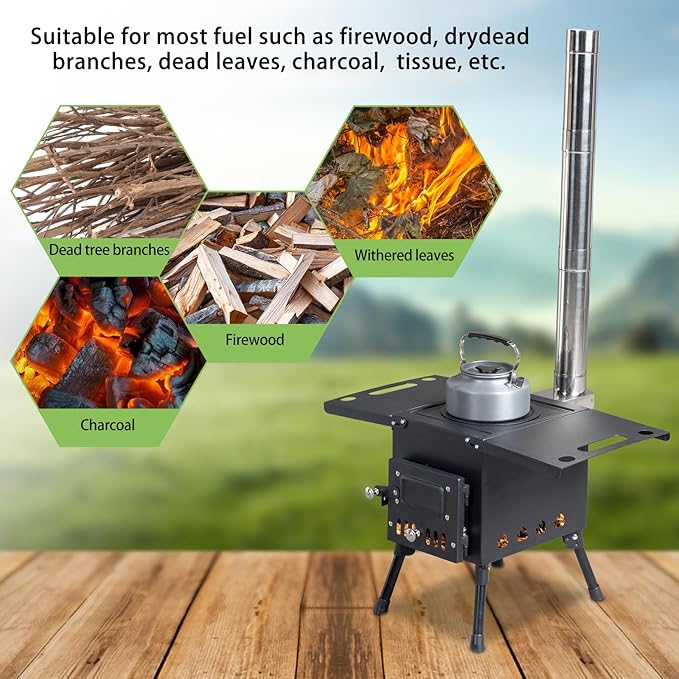 Wood Burning Camping Stove, Portable Cast Iron BBQ Grill Outdoor Cooking with Chimney Pipe, Black Wood Stove for Outdoor Cooking, Camping, Heating, Bonfire & Picnic