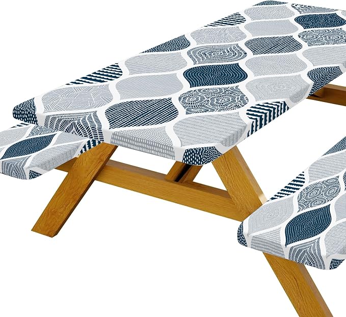 JAWO Blue and Grey Picnic Table Cover with Bench Covers, Modern Camping RV Essentials Gear Supplies Outdoor Waterproof Windproof Tablecloth with Elastic, 72X72inch