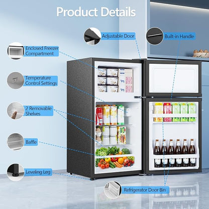 Electactic 2.5 Cu.Ft Double Door Mini Fridge with Freezer, Black Compact Refrigerator for Dorm Office Apartment
