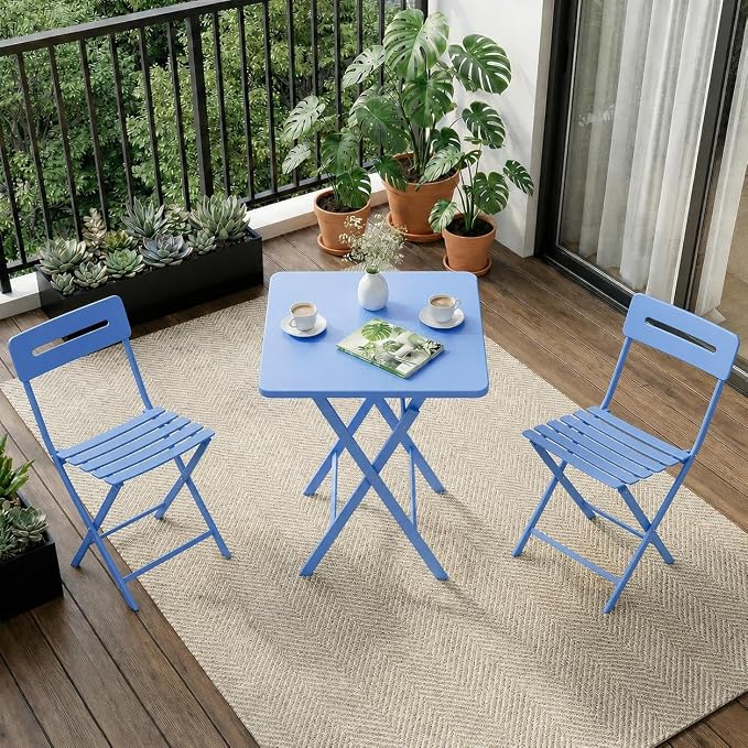 Garvee 3PCS Bistro Set, Folding Patio Furniture Set w/ 2 Chairs,Solid Steel | Foldable space-saving bistro set, fully pre-assembled for instant use. Powder-coated weatherproof steel frame. Easy-clean