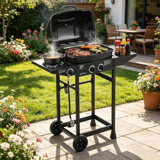 37" Stainless Steel Outdoor Kitchen BBQ Island Grill with LPG Black | 2 Burner 24000 BTU Enameled Grates and Side Tables for Outdoor Cooking Kitchen and Patio Backyard