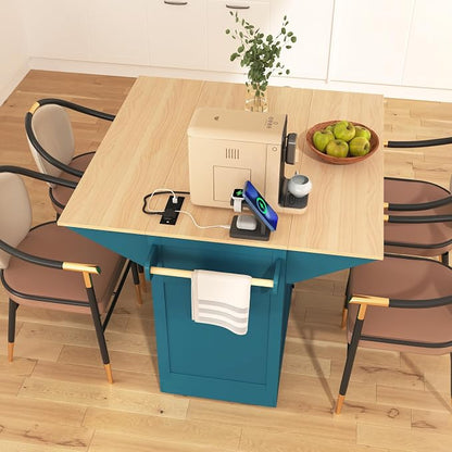 Ball & Cast Large Green Rectangular Kitchen Island with 2 Drop Leaf, 3 Drawers, 2 Doors, Folding Storage Dining Table, Spice & Towel Rack, Power Outlet & USB Port, 5 Wheels, 55.7"W x 34"D x 36.5"H