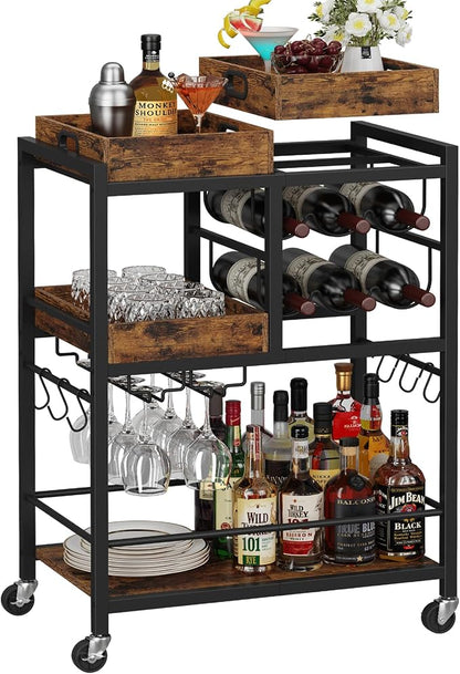 TUTOTAK Bar Cart with Wheels, Drink Cart with Wine Rack and Glass Holder | 3-Tier 24.8 Inch Wide Home Bar Serving Carts, Small Mobile Kitchen Shelf with 6 Hooks, Rustic Brown BC01BB037