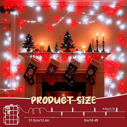 cshare Red and White Christmas Lights Outdoor Battery Operated, Chrristmas String Lights with Timer Waterproof Clear Wire for Indoor & Outdoor Christmas Decorations Garland Party Garden