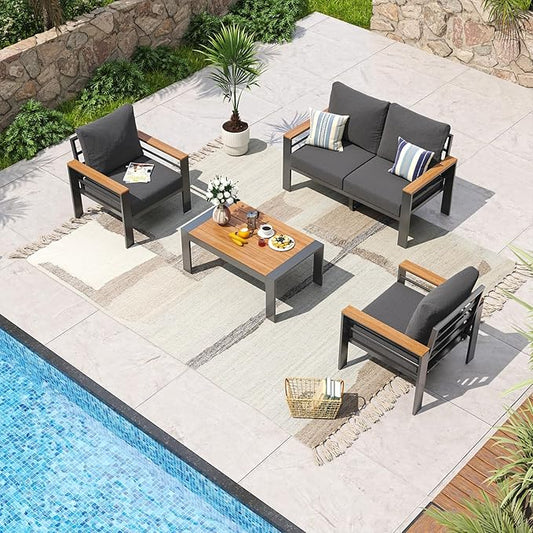 Aoxun Aluminum Patio Furniture Set 4 Seats, Oversized Outdoor Sectional with Washable Cushions, Coffee Table, Patio Conversation Sets for Porch, Balcony, Deck, Dark Gray