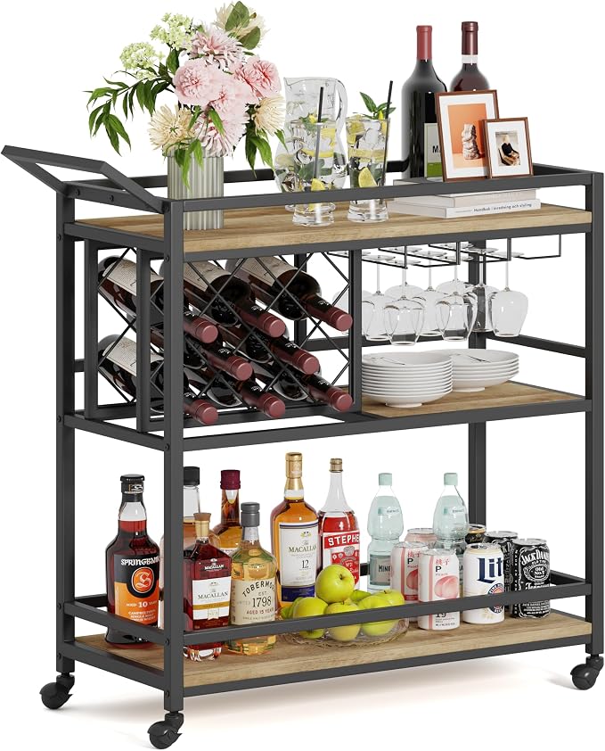 Bar Cart with Wheels, Wine & Liquor Cart for Home | Rolling Serving Cart for liquor, 3 Tier Beverage Cart with Wine Rack and Glass Holder, Rustic Oak