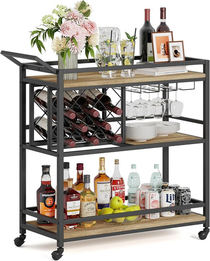 Bar Cart with Wheels, Wine & Liquor Cart for Home | Rolling Serving Cart for liquor, 3 Tier Beverage Cart with Wine Rack and Glass Holder, Rustic Oak