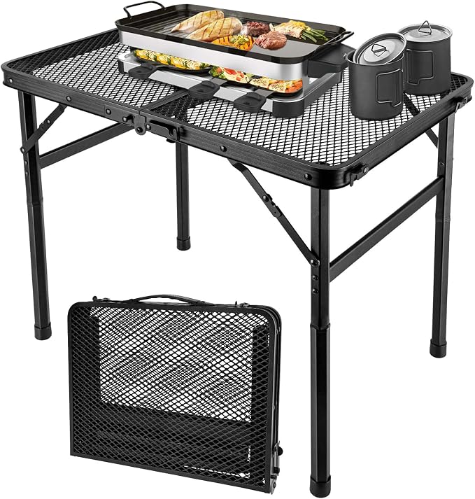 GDDGHS 2x1.3 FT Folding Camping Table Foldable Grill Table for Outdoor BBQ, Metal Portable Camping Grill Stand with Mesh Desktop, Adjustable Height Lightweight BBQ Tables Black