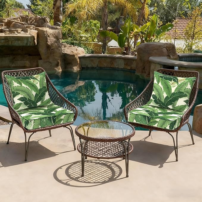 DYTXIII Outdoor Deep Seat Cushion Set, Water Repellent 22"x22" Patio Thick Cushions Replacement with Seat & Back Pillow for Patio Sofa, Wicker Chair, Couch - Swaying Palms Green