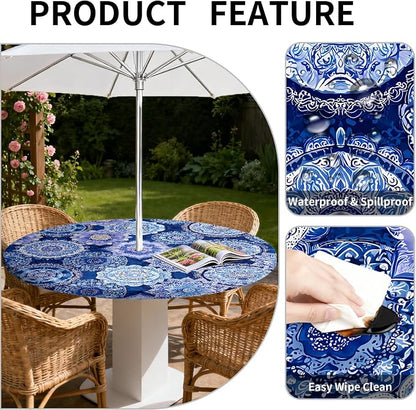 Outdoor Tablecloth with Umbrella Hole and Zipper Fits 61-65" Tables | Waterproof Round Fitted Tablecloth with Elastic Edge, Wipeable Outdoor Table Cover for Patio, Garden, Picnic