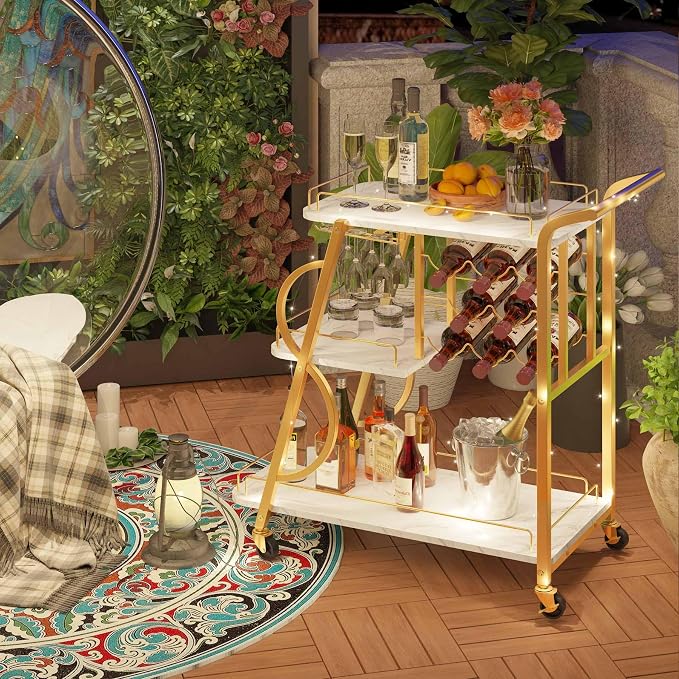 Bar Cart, Gold Bar Carts for The Home, Serving Cart with Wine Glass Holder, 3-Tier Drink Carts with Wheels, Rolling Beverage Trolley for Kitchen, Dining, Living Room (Gold & Marbleized White)