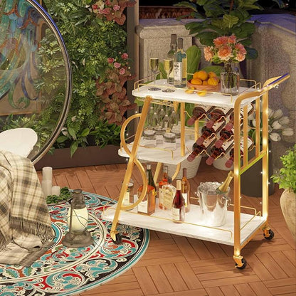 Bar Cart, Gold Bar Carts for The Home, Serving Cart with Wine Glass Holder, 3-Tier Drink Carts with Wheels, Rolling Beverage Trolley for Kitchen, Dining, Living Room (Gold & Marbleized White)