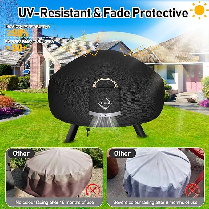 QH.HOME Fire Pit Cover Round Super Waterproof, 32" D X 14" H Outdoor Round Firepit Cover 600D Strong Tear Resistant,Fire Pit Covers Premium Fading Resistant for Outdoor Fire Pit
