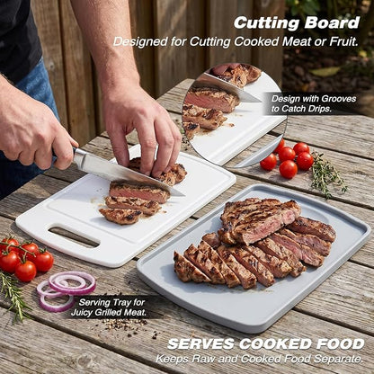 Sunmei Grill Prep and Serving Trays, 3-in-1 Stackable BBQ Food Tray, 5PCS BBQ Serving Set with Marinating Container, Serving Platter, Cutting Board and 2PCS Colored 12-Inch Grill Tongs (Gray)