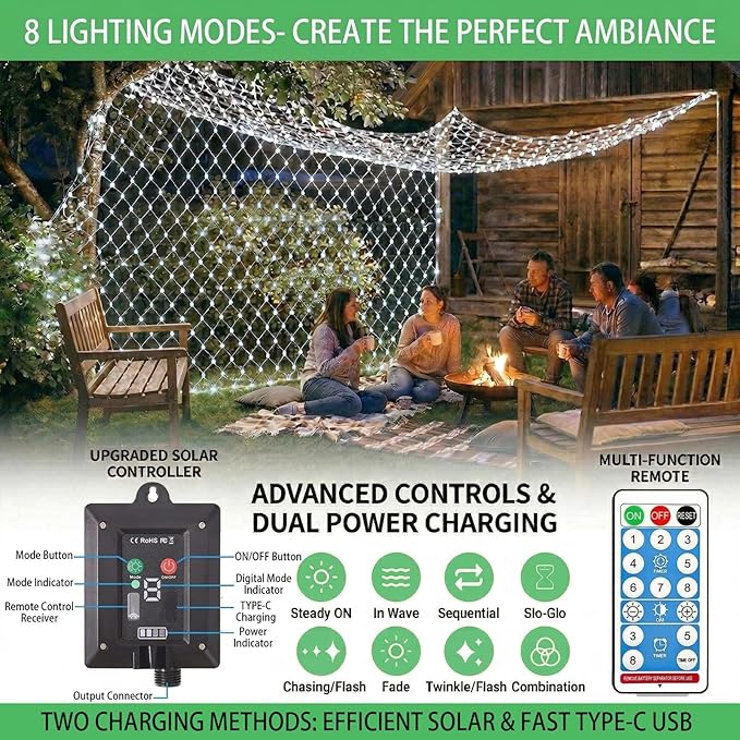 Pooqla Solar Net Lights, 11.5x5ft 240LED Christmas Net Lights Outdoor with 8 Modes, Solar & USB Powered Waterproof Green Wire Net Mesh String Lights for Bush Backyard Patio Decor, Cool White