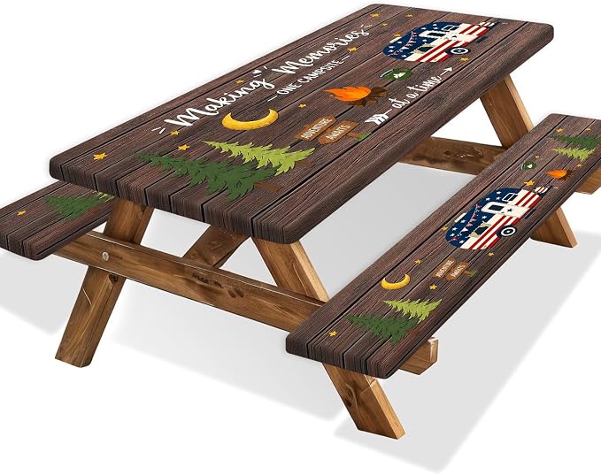 Wooden American Flag RV Picnic Table Cover with Bench Covers 6FT 3PCS, Camping Essentials, Fitted Camping Tablecloth Waterproof Oilproof with Elastic Edge for Indoor Outdoor Garden, 30x60 Inch
