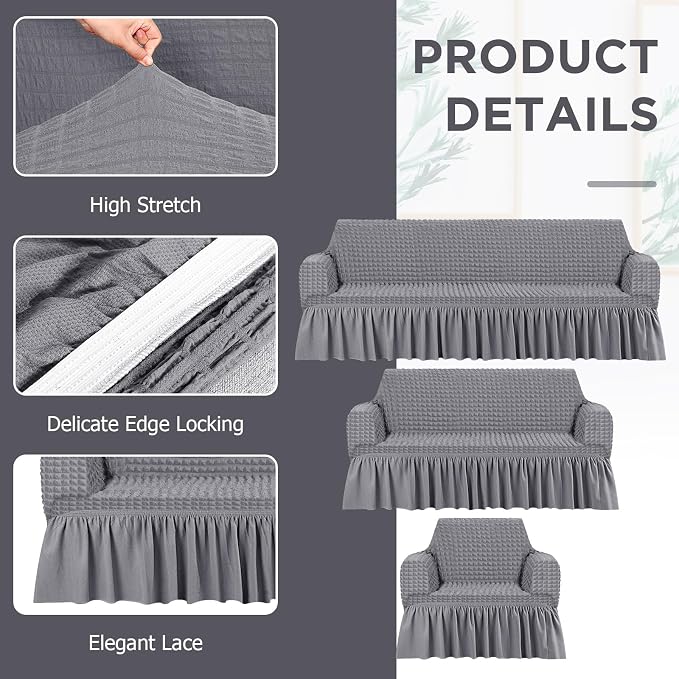 Fanfanwin 3 Pcs Sofa Slipcover Set for Couch Cushion Durable Washable High Elastic Stretchable Furniture Couch Covers with Skirt for Sofa Loveseat Arm Chair(Light Gray,Seersucker)