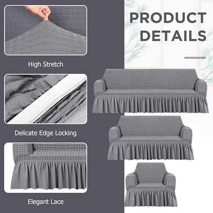 Fanfanwin 3 Pcs Sofa Slipcover Set for Couch Cushion Durable Washable High Elastic Stretchable Furniture Couch Covers with Skirt for Sofa Loveseat Arm Chair(Light Gray,Seersucker)