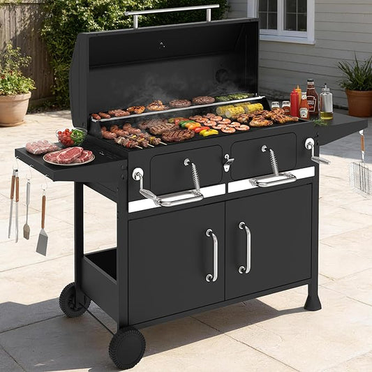 NATURAL EXPRESSIONS Charcoal Grills,36" Outdoor Barbecue Grill,Heavy Duty Dual-Zone BBQ Smoker Grill with 2 Lifting Charcoal Trays,Foldable Side Tables,Oversized Cooking Area for bbq,Yard,Party,Garden