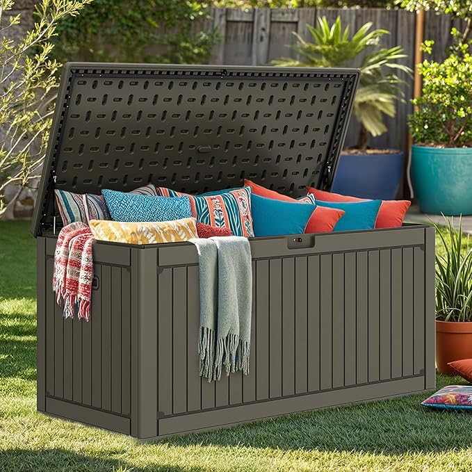 DWVO 320 Gallon Resin Outdoor Storage Box, XXL Double-Wall Waterproof Deck Box with Divider, Doubles as Table or Seating with 1000 lbs Capacity, Lockable (Light Brown)