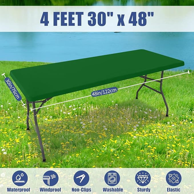 Moosfor Spandex 4 Foot Rectangle Table Cloth, Elastic Fitted Tablecloths for Picnic, Stretch Washable Patio Table Cover for Outdoor, Camping, Banquet and Parties (Emerald Green, 30"x48")