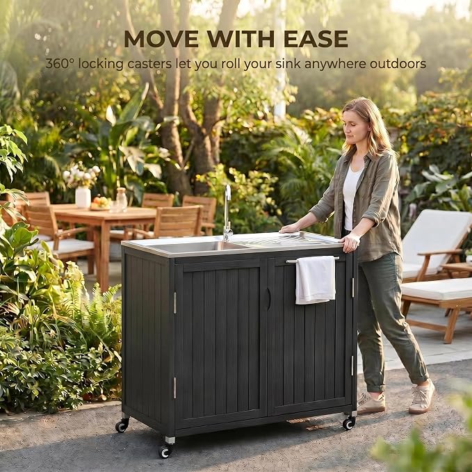 Outdoor Kitchen Island with 304 Stainless Steel Sink and Large Storage Cabinet,40-Inch BBQ Prep Station with Sink & 360 Lockable Wheels for Patio,Solid Wood Grill Cart，Backyard, Outdoor Party, Black