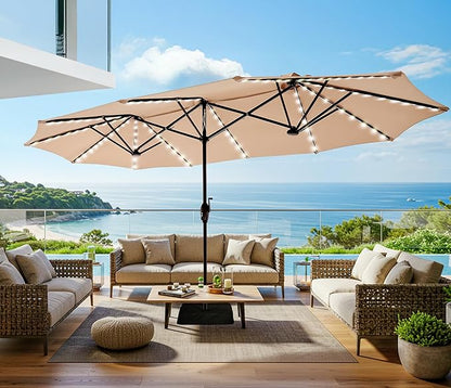 SUPERJARE 13ft Outdoor Patio Umbrella with Solar Lights, Double-sided Deck Pool Umbrella with 1.5 Inch Pole, Fade Resistant Canopy, 12 Sturdy Ribs, for Porch, Market, Backyard, Beige (No Base)