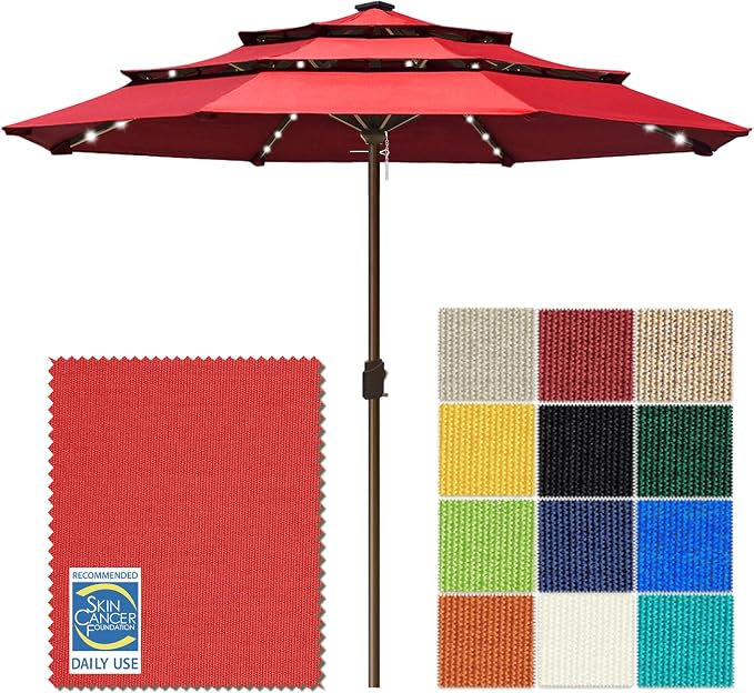 EliteShade USA 10-Year-Non-Fading 10ft 3-Tier Market Patio Umbrella, Commercial Table Umbrella with 80 Solar LED Lights, Crank Open, Windproof & UPF 50+ UV Protection for Garden, Deck, Pool, Backyard, No Tilt, Logo Red