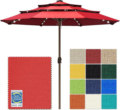 EliteShade USA 10-Year-Non-Fading 10ft 3-Tier Market Patio Umbrella, Commercial Table Umbrella with 80 Solar LED Lights, Crank Open, Windproof & UPF 50+ UV Protection for Garden, Deck, Pool, Backyard, No Tilt, Logo Red