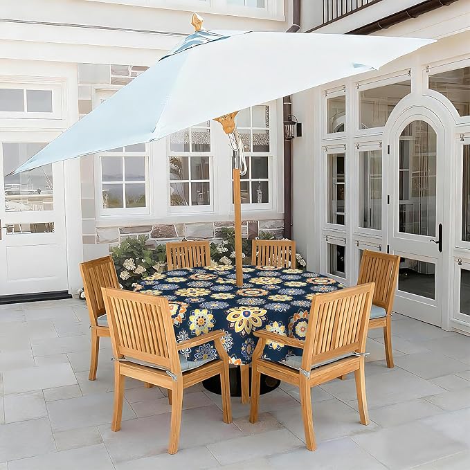 LVTXIII Round Outdoor Tablecloth with Umbrella Hole and Zipper, Water-Repellent 60 Inch Patio Table Cover for Bistro, Garden, Patio & Picnic, Bloom Cobalt