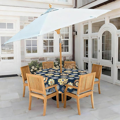 LVTXIII Round Outdoor Tablecloth with Umbrella Hole and Zipper, Water-Repellent 60 Inch Patio Table Cover for Bistro, Garden, Patio & Picnic, Bloom Cobalt