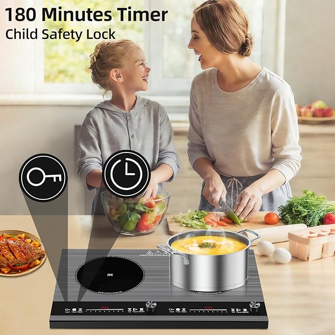 2 burner induction cooktop,110V 3000W 2 burner induction plate with Brushed Panel LED Knob Control, induction stove top with 9 Power Levels, Kids Lock & Timer,24 Inch double induction cooktop