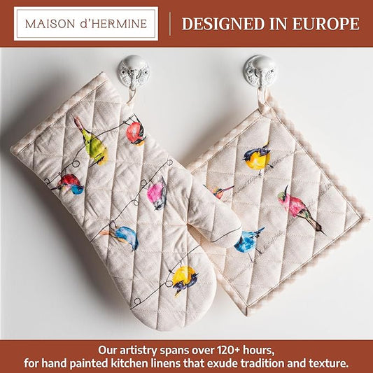 Maison d' Hermine 100% Cotton Oven Mitt & Pot Holder Set (7.5"x13" & 8"x8") Heat Resistant BBQ Cooking Gloves with Loop Baking Grilling Kitchen Hotel Home Farmhouse Spring Summer (Birdies on Wire)