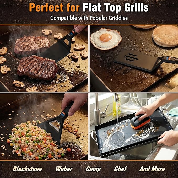 Utheer Griddle Kit, 17" x 13" Pre-Seasoned Cast Iron Flat Top Griddle with Scratch-Free Tools, Universal Grill Griddle for Gas & Charcoal Grills, Camping, Tailgating and BBQ