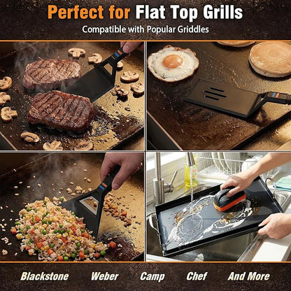 Utheer Griddle Kit, 16.5" x 10.5" Reversible Cast Iron Flat Top Griddle with 5-Piece Scratch-Free Nonstick Safe Nylon Tools, Ceramic Nonstick Grill Griddle for Stove Top, Gas Grill, BBQ and Camping