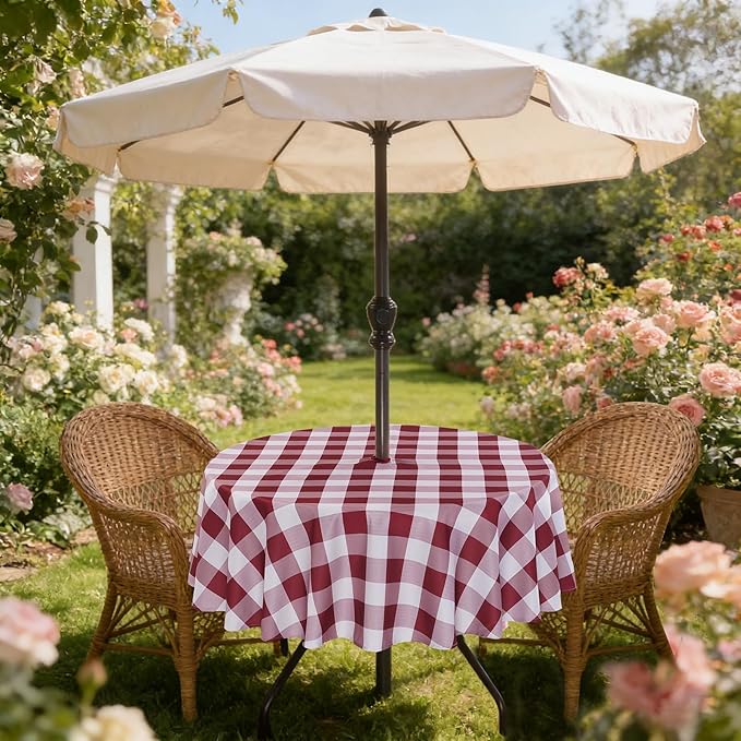 Poise3EHome Round Outdoor Tablecloth with Umbrella Hole and Zipper,Burgundy Checkered 70 Inch,SpillProof Washable Table Cloth for Spring Summer Patio Garden Poolside Picnic Camping BBQS