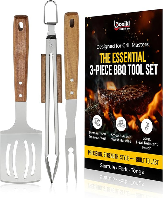 Professional Acacia Wood BBQ Tool Set (3 PCS) - Heavy Duty Stainless Steel Grill Accessories Kit with Spatula, Fork & Tongs - Durable Barbecue Utensils for Outdoor Cooking & Grilling